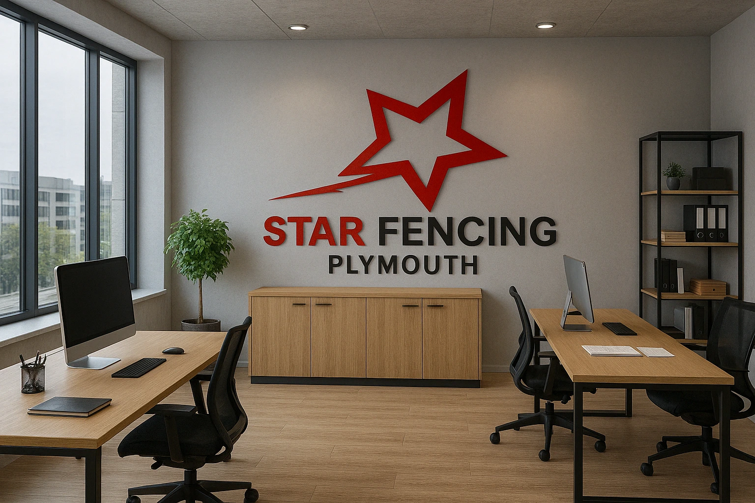 Modern office interior of Star Fencing Plymouth, featuring large windows, minimalist furniture, and the bold red logo of the company prominently displayed on the wall.